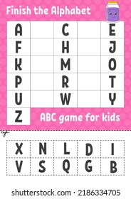 Finish the alphabet. ABC game for kids. Cut and glue. Education developing worksheet. Learning game for kids. Color activity page.