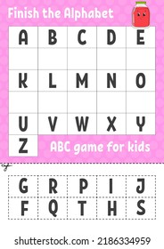 Finish the alphabet. ABC game for kids. Cut and glue. Education developing worksheet. Learning game for kids. Color activity page.