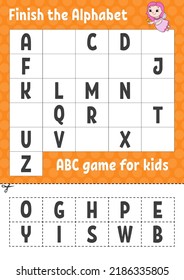 Finish the alphabet. ABC game for kids. Cut and glue. Education developing worksheet. Learning game for kids. Color activity page.