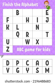 Finish the alphabet. ABC game for kids. Cut and glue. Education developing worksheet. Learning game for kids. Color activity page.