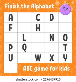 Finish the alphabet. ABC game for kids. Education developing worksheet. Learning game for kids. Christmas theme. Color activity page.