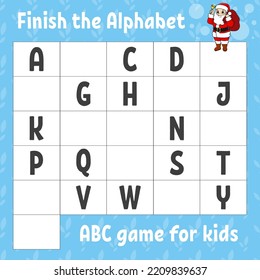 Termina el alfabeto. Juego ABC para los niños. Educación desarrollando hoja de trabajo. Juego de aprendizaje para los niños. Tema de Navidad. Página de actividad de color.