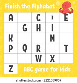 Finish the alphabet. ABC game for kids. Education developing worksheet. Learning game for kids. Color activity page. Vector illustration.