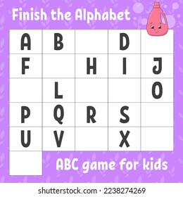 Finish the alphabet. ABC game for kids. Education developing worksheet. Learning game for kids. Color activity page.