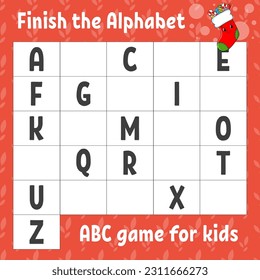 Finish the alphabet. ABC game for kids. Education developing worksheet. Learning game for kids. Christmas theme. Color activity page.