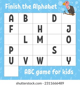 Finish the alphabet. ABC game for kids. Education developing worksheet. Learning game for kids. Color activity page. Vector illustration.