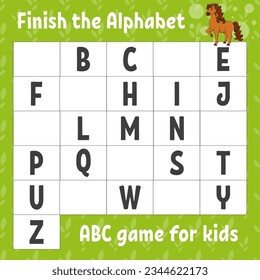 Finish the alphabet. ABC game for kids. Education developing worksheet. Learning game for kids. Color activity page.