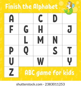 Finish the alphabet. ABC game for kids. Education developing worksheet. Learning game for kids. Color activity page.