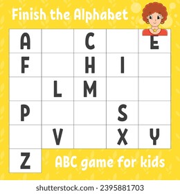 Finish the alphabet. ABC game for kids. Education developing worksheet. Learning game for kids. Color activity page. Vector illustration.