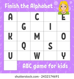 Finish the alphabet. ABC game for kids. Education developing worksheet. Learning game for kids. Color activity page. Vector illustration.