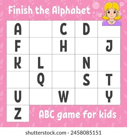Finish the alphabet. ABC game for kids. Education developing worksheet. Learning game for kids. Color activity page. Vector illustration.