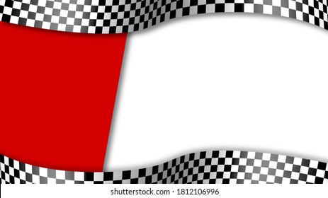 Termina la bandera de color negro y blanco a cuadros ondeando en el viento sobre fondo rojo blanco. Carreras automovilísticas y motociclistas, competencias deportivas, victoria y derrota deportiva. Vector