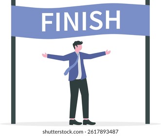 Finish Business, businessman win with trophy award cup successful concept vector illustrator

