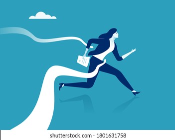 Finish. Business woman tearing finish line tape. Business vector illustration
