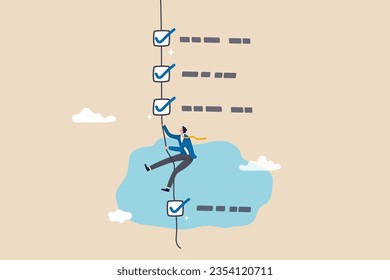 Finish checklist or todo list, tick checkmark or work completion, questionnaire or productivity checklist, survey form or success plan concept, businessman rope climbing on work check list completion.