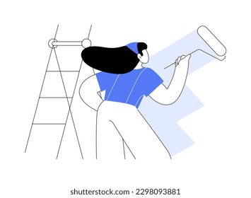 Finish coat abstract concept vector illustration. Smiling repairman applying a paint on the walls, rough interior works, private house building, construction process abstract metaphor.