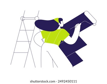Finish coat abstract concept vector illustration. Smiling repairman applying a paint on the walls, rough interior works, private house building, construction process abstract metaphor.