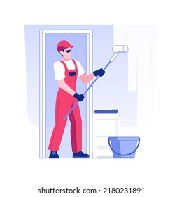 Finish coat isolated concept vector illustration. Smiling repairman applying a paint on the walls, rough interior works, private house building, construction process vector concept.