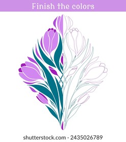 Finish the color flower picture. Educational game for children. Violet crocus flowers. Drawing practice. Spring game for elementary school.