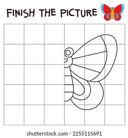 Finish the drawing of butterfly. Educational game for children. Cartoon characters. Funny vector illustration. Isolated on white background
