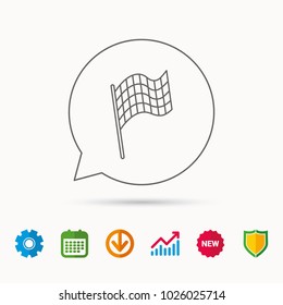 Finish flag icon. Start race sign. Calendar, Graph chart and Cogwheel signs. Download and Shield web icons. Vector