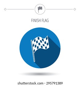 Finish flag icon. Start race sign. Blue flat circle button. Linear icon with shadow. Vector