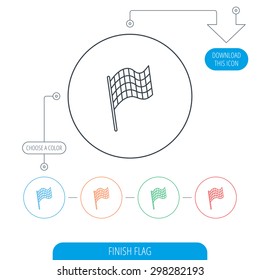 Finish flag icon. Start race sign. Line circle buttons. Download arrow symbol. Vector