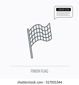 Finish flag icon. Start race sign. Linear outline icon. Speech bubble of dotted line. Vector