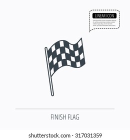 Finish flag icon. Start race sign. Linear outline icon. Speech bubble of dotted line. Vector