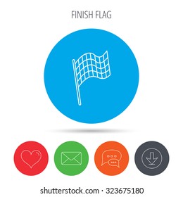 Finish flag icon. Start race sign. Mail, download and speech bubble buttons. Like symbol. Vector