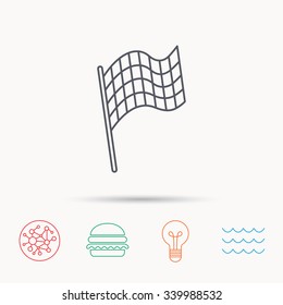 Finish flag icon. Start race sign. Global connect network, ocean wave and burger icons. Lightbulb lamp symbol.