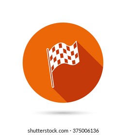 Finish flag icon. Start race sign. Round orange web button with shadow.