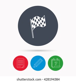 Finish flag icon. Start race sign. Calendar, pencil or edit and document file signs. Vector