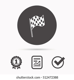 Finish flag icon. Start race sign. Report document, winner award and tick. Round circle button with icon. Vector