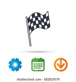 Finish flag icon. Start race sign. Calendar, cogwheel and download arrow signs. Colored flat web icons. Vector