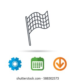 Finish flag icon. Start race sign. Calendar, cogwheel and download arrow signs. Colored flat web icons. Vector