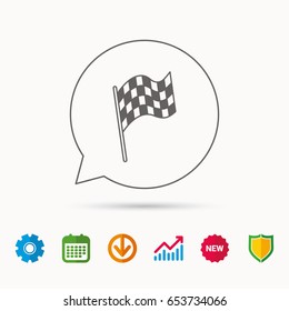 Finish flag icon. Start race sign. Calendar, Graph chart and Cogwheel signs. Download and Shield web icons. Vector