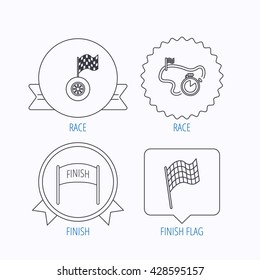 Finish flag, race timer and wheel icons. Race track linear sign. Award medal, star label and speech bubble designs. Vector