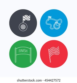 Finish flag, race timer and wheel icons. Race track linear sign. Linear icons on colored buttons. Flat web symbols. Vector