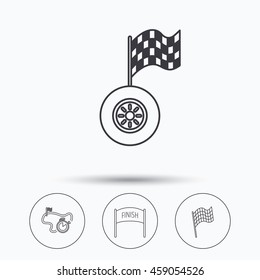Finish flag, race timer and wheel icons. Race track linear sign. Linear icons in circle buttons. Flat web symbols. Vector