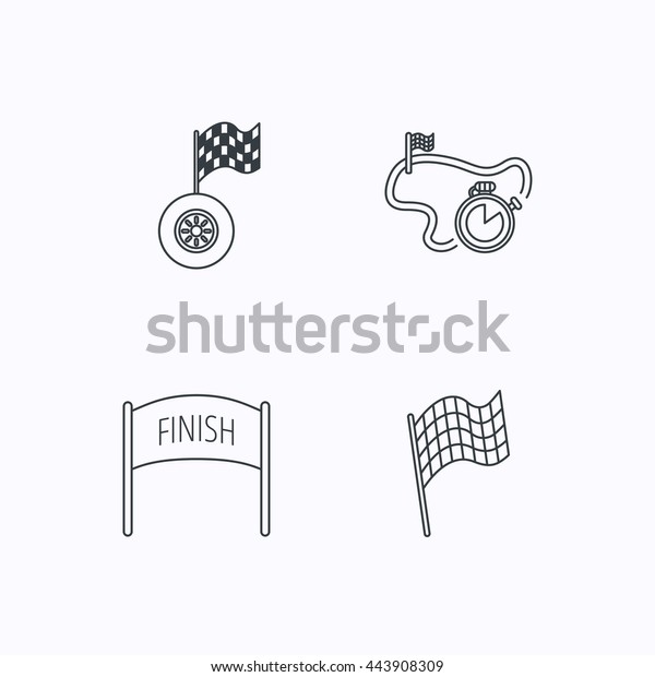 Finish flag,\
race timer and wheel icons. Race track linear sign. Flat linear\
icons on white background.\
Vector