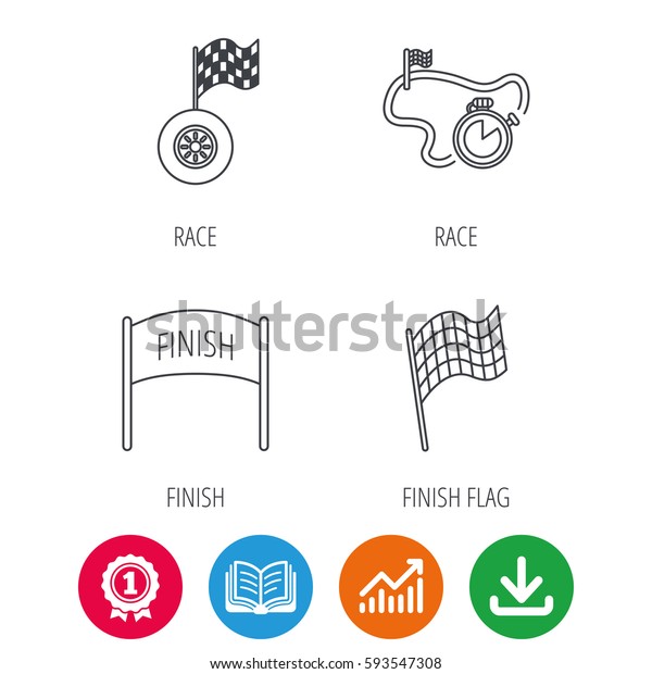 Finish flag, race timer and wheel icons. Race\
track linear sign. Award medal, growth chart and opened book web\
icons. Download arrow.\
Vector