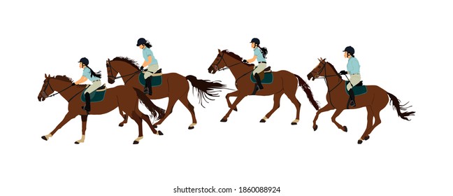 Finish or horse race, racing horse in gallop vector illustration isolated on background. Woman jockey riding jot horse in race. Hippodrome sport event. Entertainment gambling. Lady equestrian show.