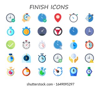 conjunto de iconos de fin. 30 iconos de acabado plano. Incluye cronómetro, mapas y banderas, carreras, cronómetro, temporizador, iconos de reloj