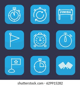 Finish icon. set of 9 outline finish icons such as stopwatch