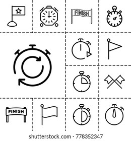 Finish icons. set of 13 editable outline finish icons such as finish, flag, stopwatch