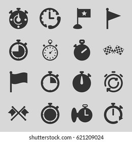 Finish icons set. set of 16 finish filled icons such as finish flag, stopwatch, flag