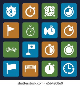 Finish icons set. set of 16 finish filled icons such as stopwatch