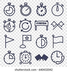 Finish icons set. set of 16 finish outline icons such as stopwatch, flag