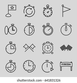 Finish icons set. set of 16 finish outline icons such as stopwatch, flag